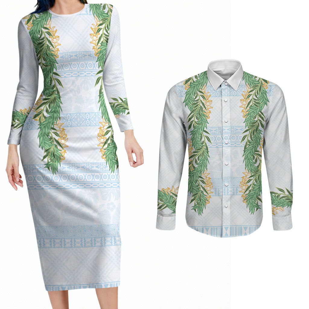 Hawai'i Paniolo Maile Twisted Lei Couples Matching Long Sleeve Bodycon Dress and Long Sleeve Button Shirt Winter White