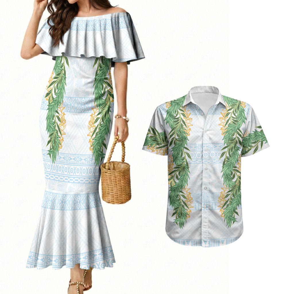 Hawai'i Paniolo Maile Twisted Lei Couples Matching Mermaid Dress and Hawaiian Shirt Winter White