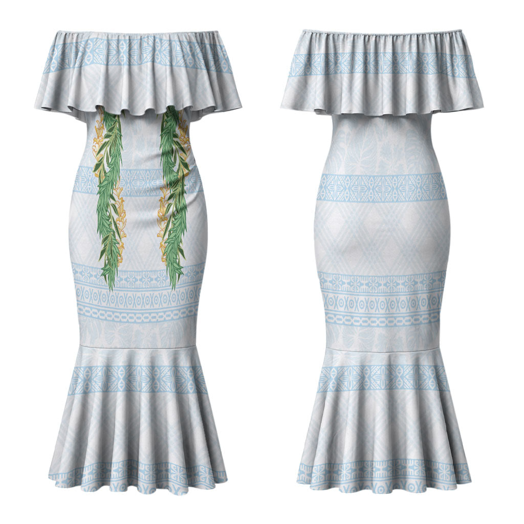 Hawai'i Paniolo Maile Twisted Lei Couples Matching Mermaid Dress and Hawaiian Shirt Winter White