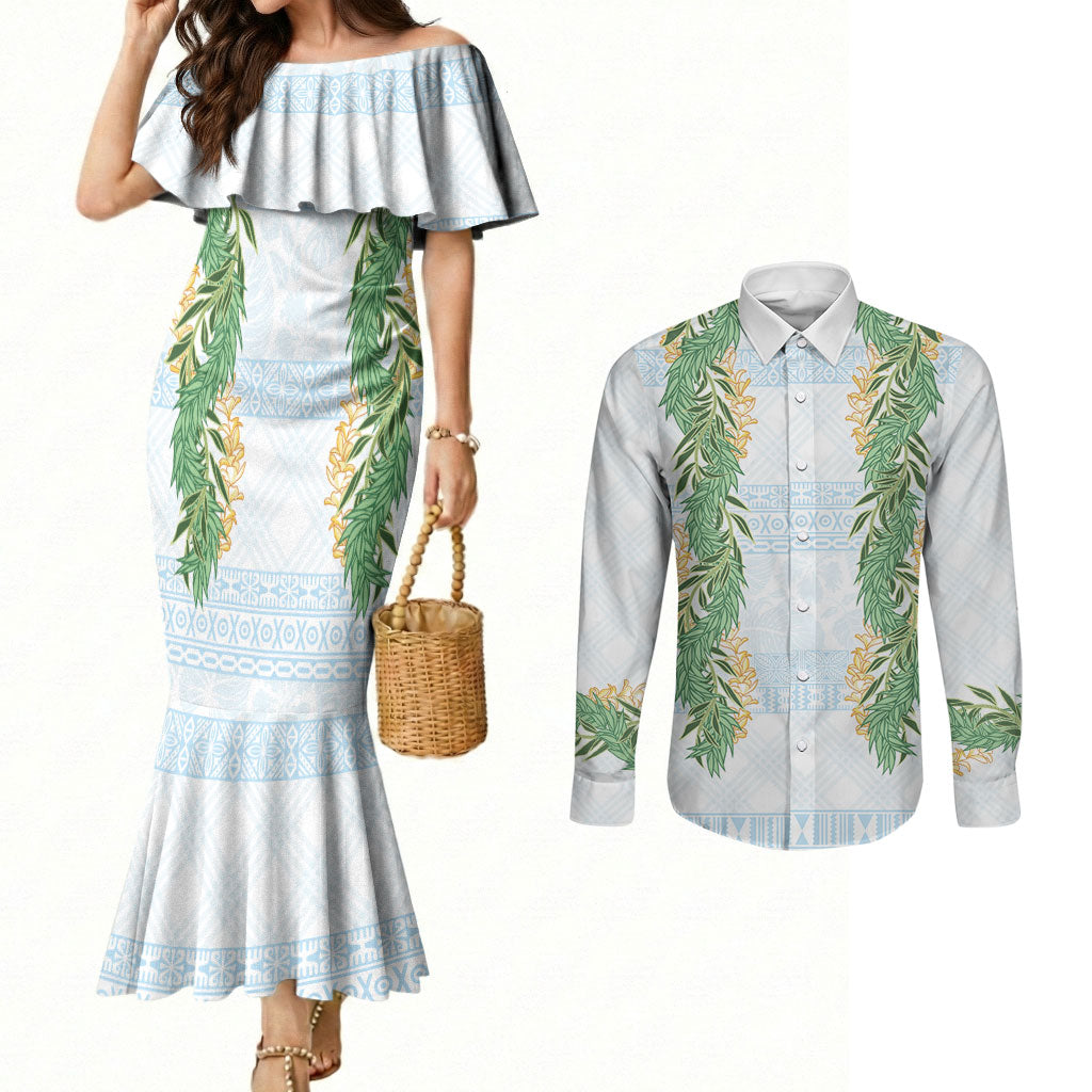 Hawai'i Paniolo Maile Twisted Lei Couples Matching Mermaid Dress and Long Sleeve Button Shirt Winter White