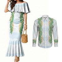 Hawai'i Paniolo Maile Twisted Lei Couples Matching Mermaid Dress and Long Sleeve Button Shirt Winter White