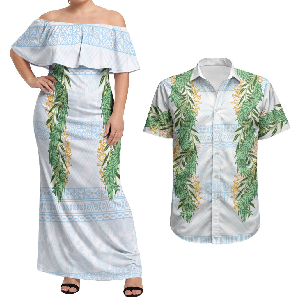 Hawai'i Paniolo Maile Twisted Lei Couples Matching Off Shoulder Maxi Dress and Hawaiian Shirt Winter White