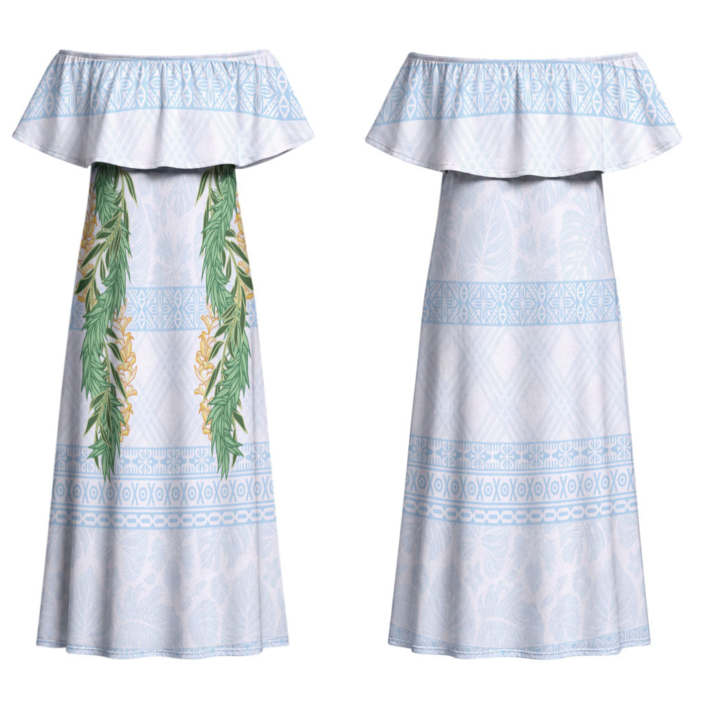 Hawai'i Paniolo Maile Twisted Lei Couples Matching Off Shoulder Maxi Dress and Hawaiian Shirt Winter White