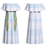 Hawai'i Paniolo Maile Twisted Lei Couples Matching Off Shoulder Maxi Dress and Hawaiian Shirt Winter White
