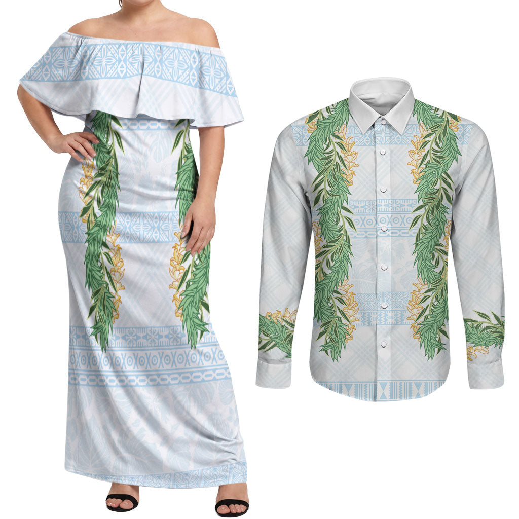 Hawai'i Paniolo Maile Twisted Lei Couples Matching Off Shoulder Maxi Dress and Long Sleeve Button Shirt Winter White