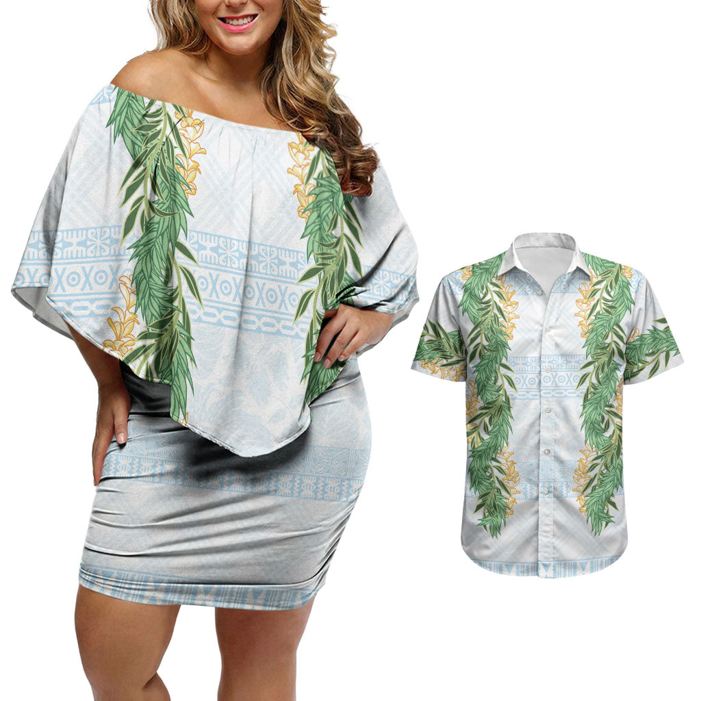 Hawai'i Paniolo Maile Twisted Lei Couples Matching Off Shoulder Short Dress and Hawaiian Shirt Winter White