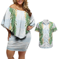 Hawai'i Paniolo Maile Twisted Lei Couples Matching Off Shoulder Short Dress and Hawaiian Shirt Winter White