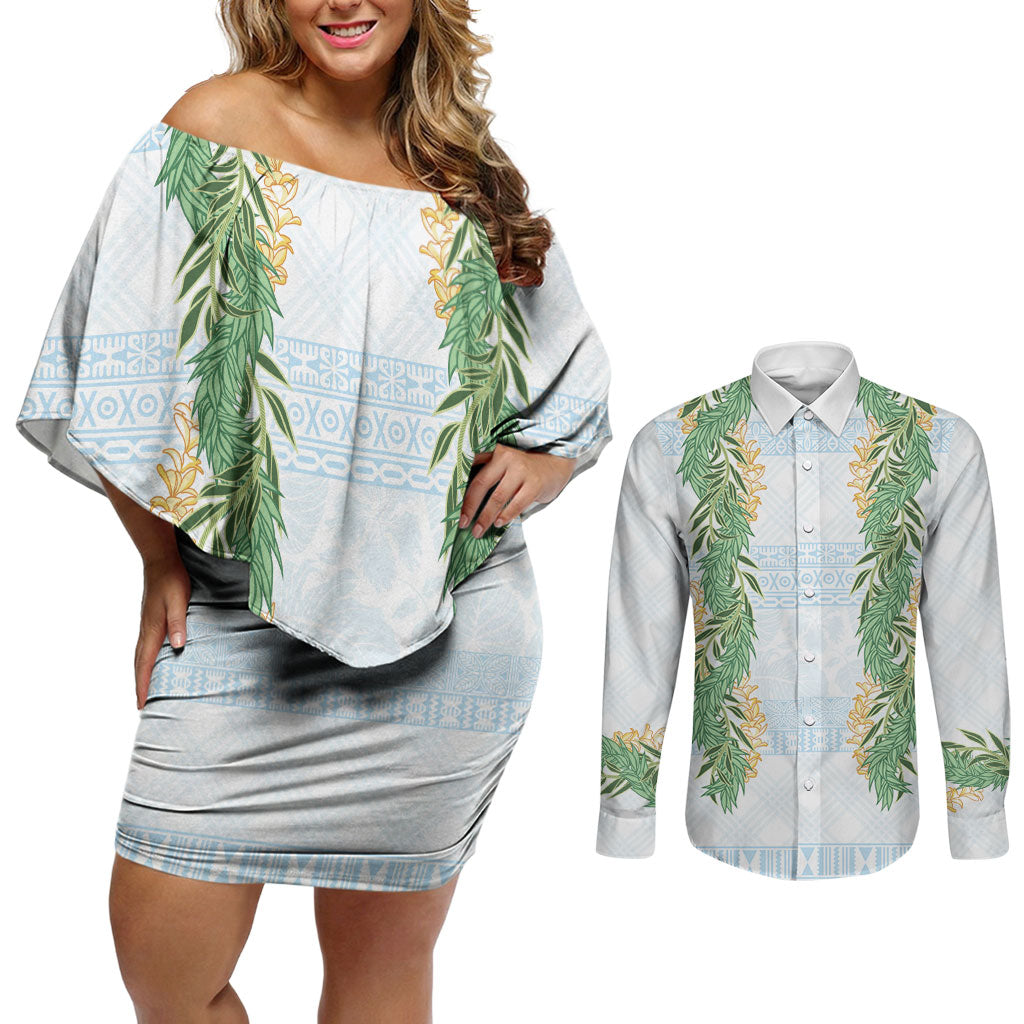 Hawai'i Paniolo Maile Twisted Lei Couples Matching Off Shoulder Short Dress and Long Sleeve Button Shirt Winter White LT7 White - Polynesian Pride