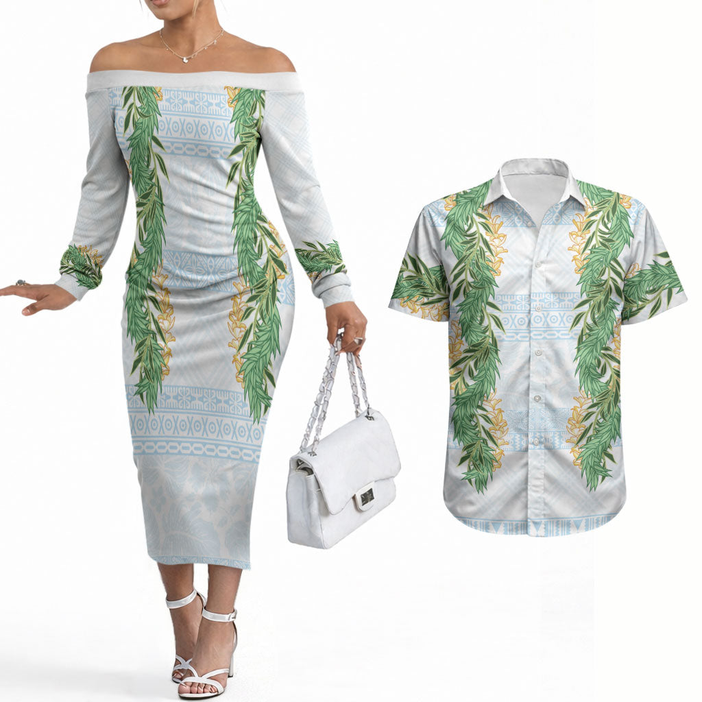 Hawai'i Paniolo Maile Twisted Lei Couples Matching Off The Shoulder Long Sleeve Dress and Hawaiian Shirt Winter White