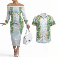 Hawai'i Paniolo Maile Twisted Lei Couples Matching Off The Shoulder Long Sleeve Dress and Hawaiian Shirt Winter White