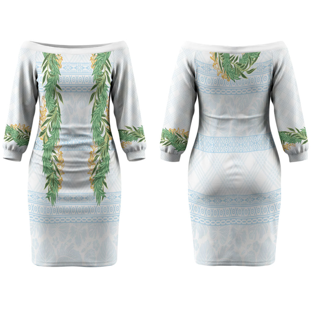 Hawai'i Paniolo Maile Twisted Lei Couples Matching Off The Shoulder Long Sleeve Dress and Hawaiian Shirt Winter White