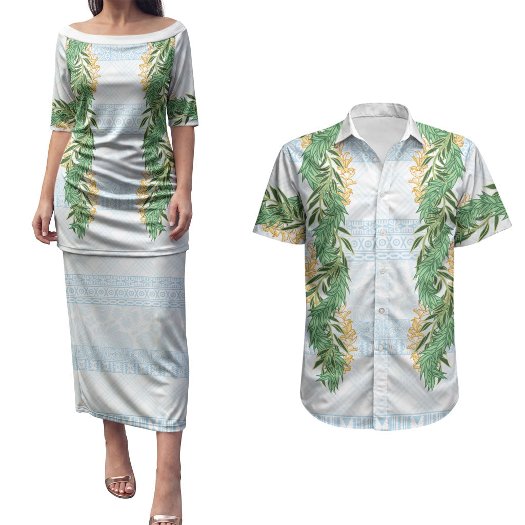 Hawai'i Paniolo Maile Twisted Lei Couples Matching Puletasi and Hawaiian Shirt Winter White