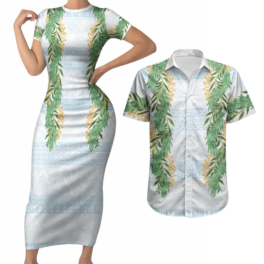 Hawai'i Paniolo Maile Twisted Lei Couples Matching Short Sleeve Bodycon Dress and Hawaiian Shirt Winter White