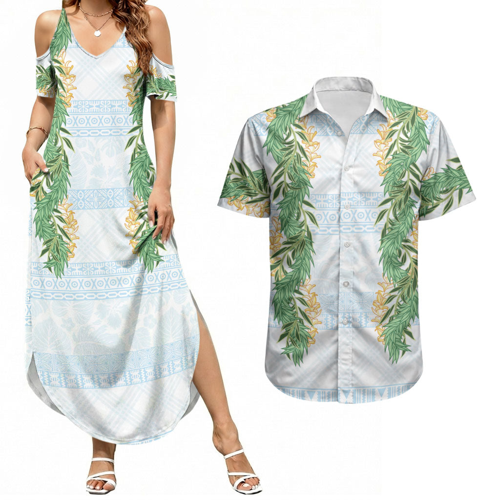 Hawai'i Paniolo Maile Twisted Lei Couples Matching Summer Maxi Dress and Hawaiian Shirt Winter White