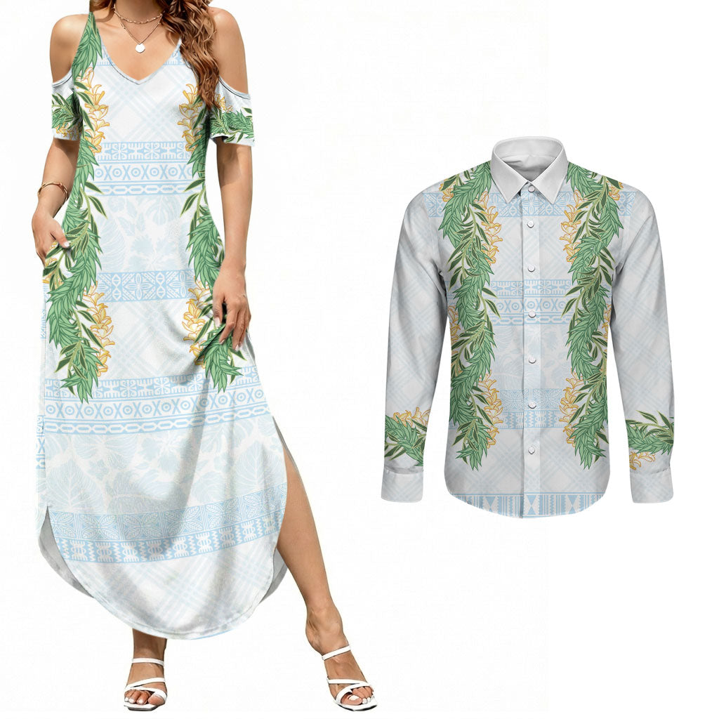 Hawai'i Paniolo Maile Twisted Lei Couples Matching Summer Maxi Dress and Long Sleeve Button Shirt Winter White