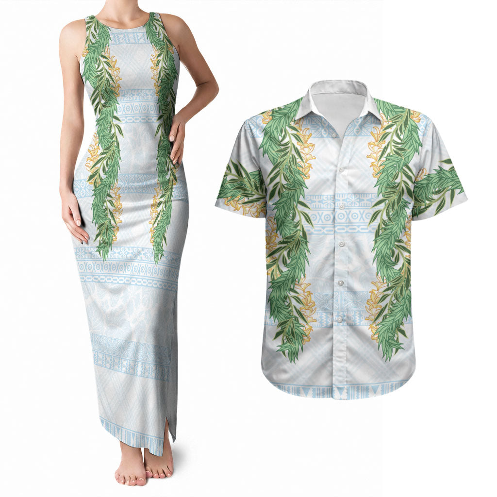 Hawai'i Paniolo Maile Twisted Lei Couples Matching Tank Maxi Dress and Hawaiian Shirt Winter White