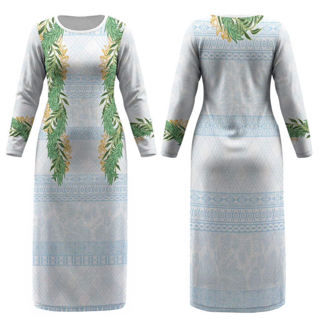 Hawai'i Paniolo Maile Twisted Lei Family Matching Long Sleeve Bodycon Dress and Hawaiian Shirt Winter White