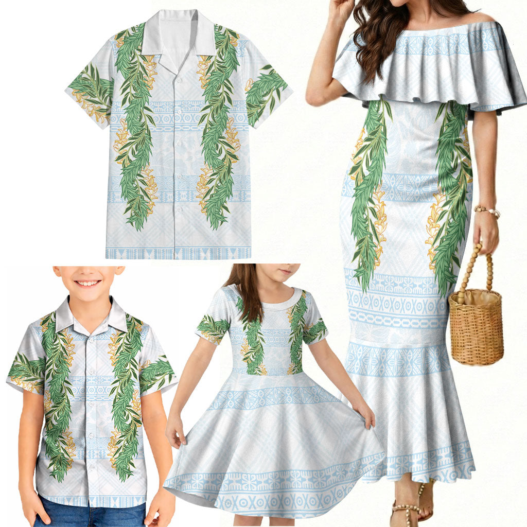 Hawai'i Paniolo Maile Twisted Lei Family Matching Mermaid Dress and Hawaiian Shirt Winter White
