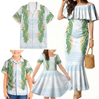 Hawai'i Paniolo Maile Twisted Lei Family Matching Mermaid Dress and Hawaiian Shirt Winter White