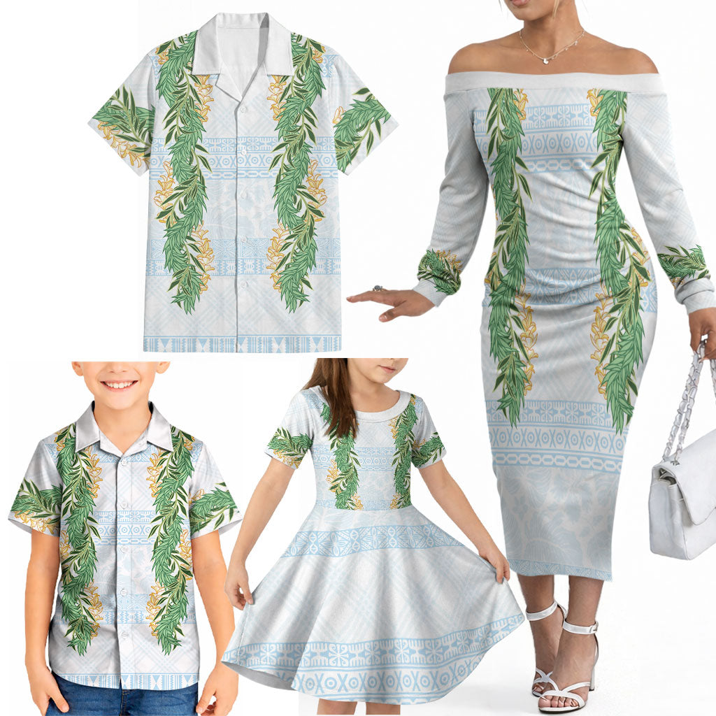 Hawai'i Paniolo Maile Twisted Lei Family Matching Off The Shoulder Long Sleeve Dress and Hawaiian Shirt Winter White