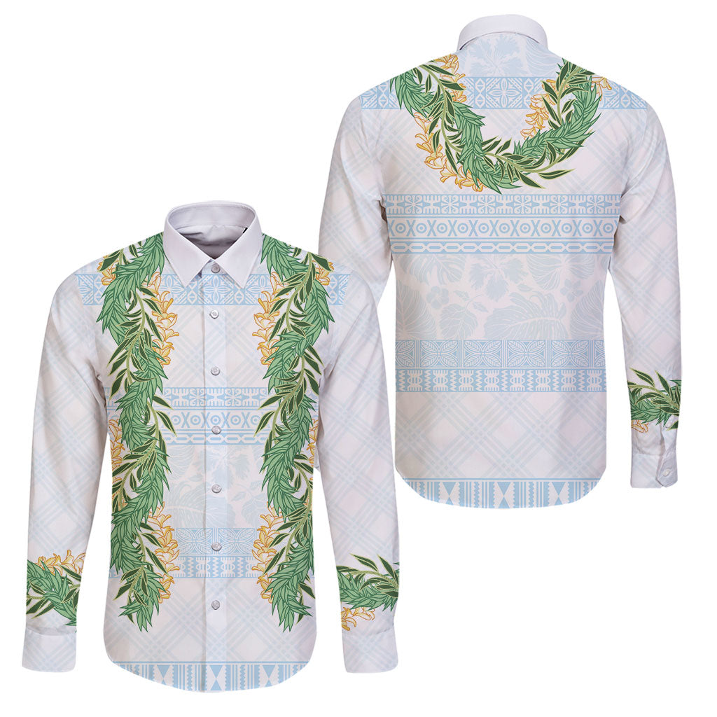 Hawai'i Paniolo Maile Twisted Lei Family Matching Off The Shoulder Long Sleeve Dress and Hawaiian Shirt Winter White