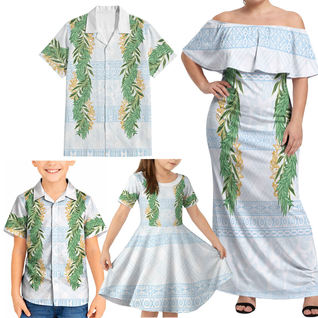 Hawai'i Paniolo Maile Twisted Lei Family Matching Off Shoulder Maxi Dress and Hawaiian Shirt Winter White