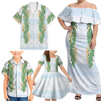 Hawai'i Paniolo Maile Twisted Lei Family Matching Off Shoulder Maxi Dress and Hawaiian Shirt Winter White