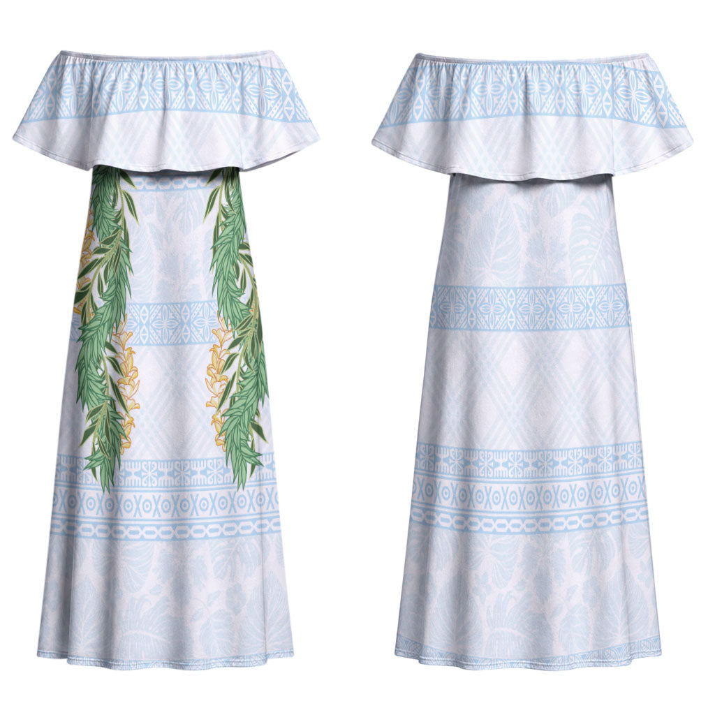 Hawai'i Paniolo Maile Twisted Lei Family Matching Off Shoulder Maxi Dress and Hawaiian Shirt Winter White