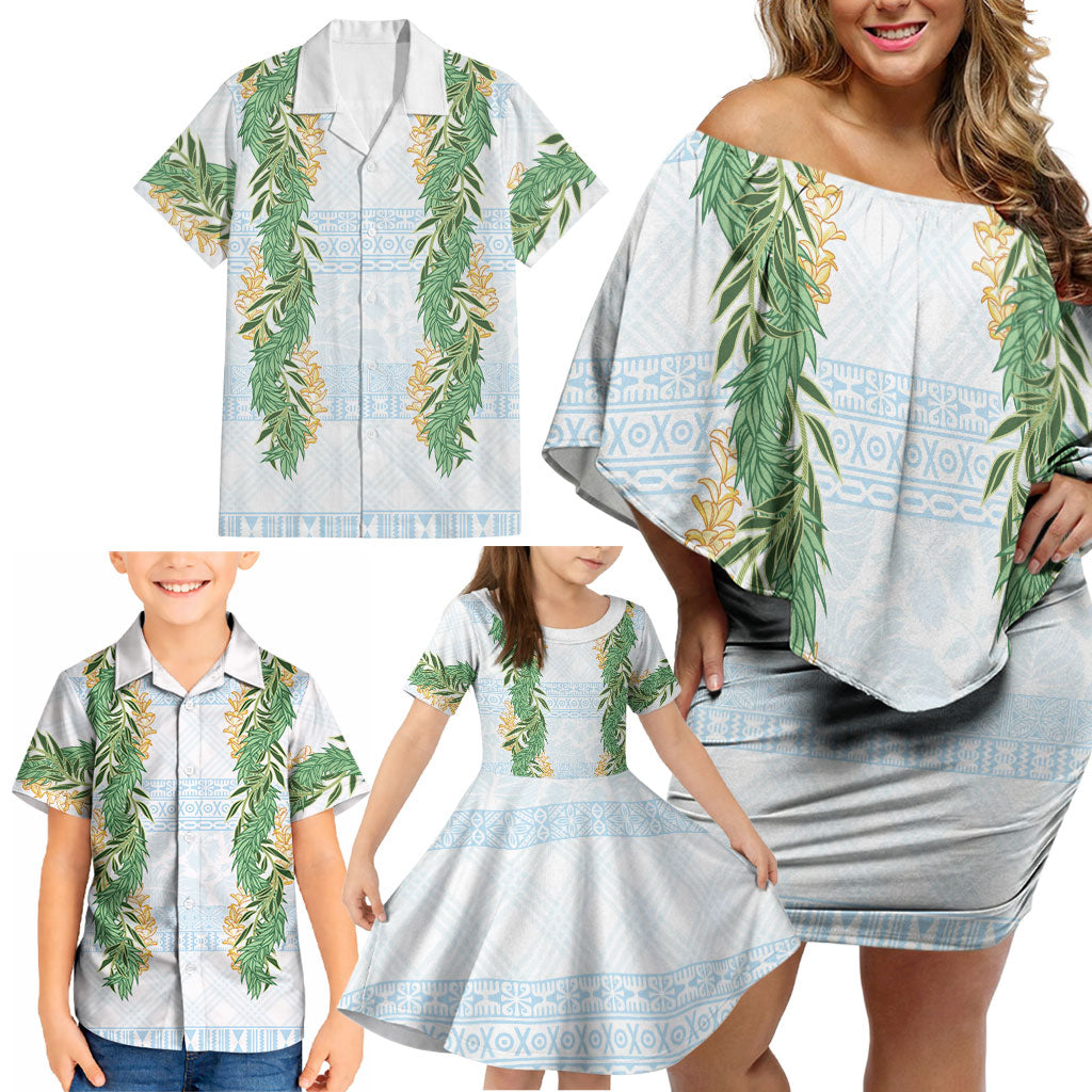 Hawai'i Paniolo Maile Twisted Lei Family Matching Off Shoulder Short Dress and Hawaiian Shirt Winter White