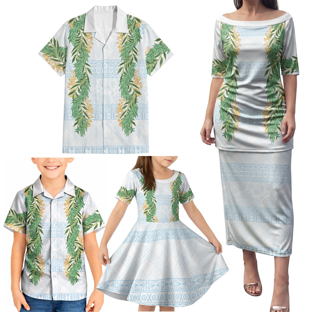 Hawai'i Paniolo Maile Twisted Lei Family Matching Puletasi and Hawaiian Shirt Winter White