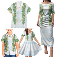 Hawai'i Paniolo Maile Twisted Lei Family Matching Puletasi and Hawaiian Shirt Winter White