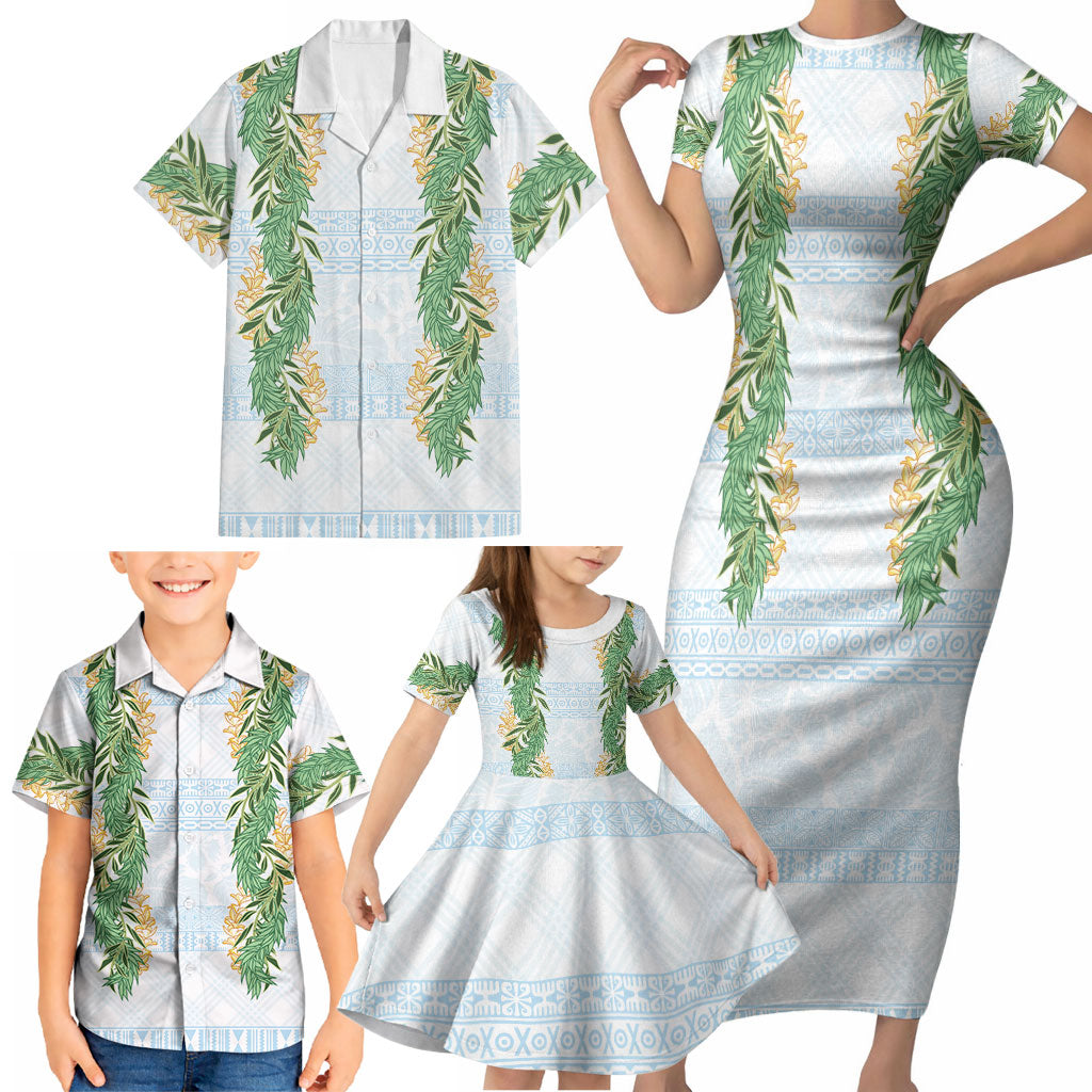 Hawai'i Paniolo Maile Twisted Lei Family Matching Short Sleeve Bodycon Dress and Hawaiian Shirt Winter White