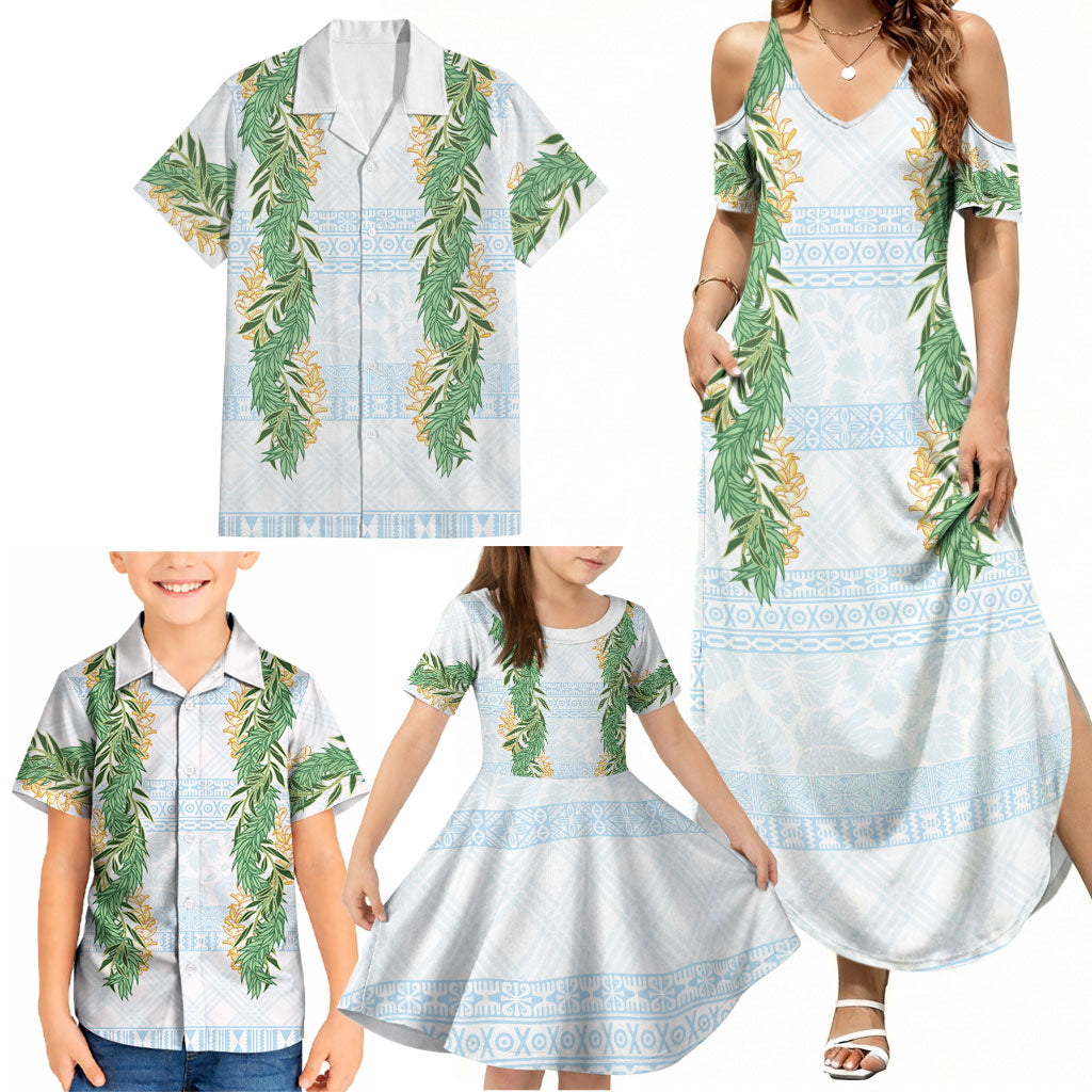 Hawai'i Paniolo Maile Twisted Lei Family Matching Summer Maxi Dress and Hawaiian Shirt Winter White
