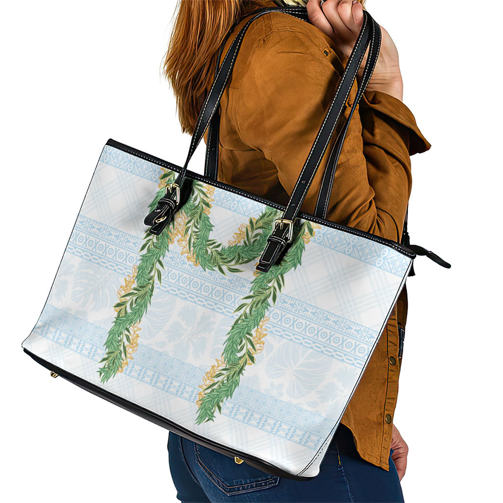 Hawai'i Paniolo Maile Twisted Lei Leather Tote Bag Winter White