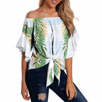 Hawai'i Paniolo Maile Twisted Lei Off Shoulder Wrap Waist Top Winter White