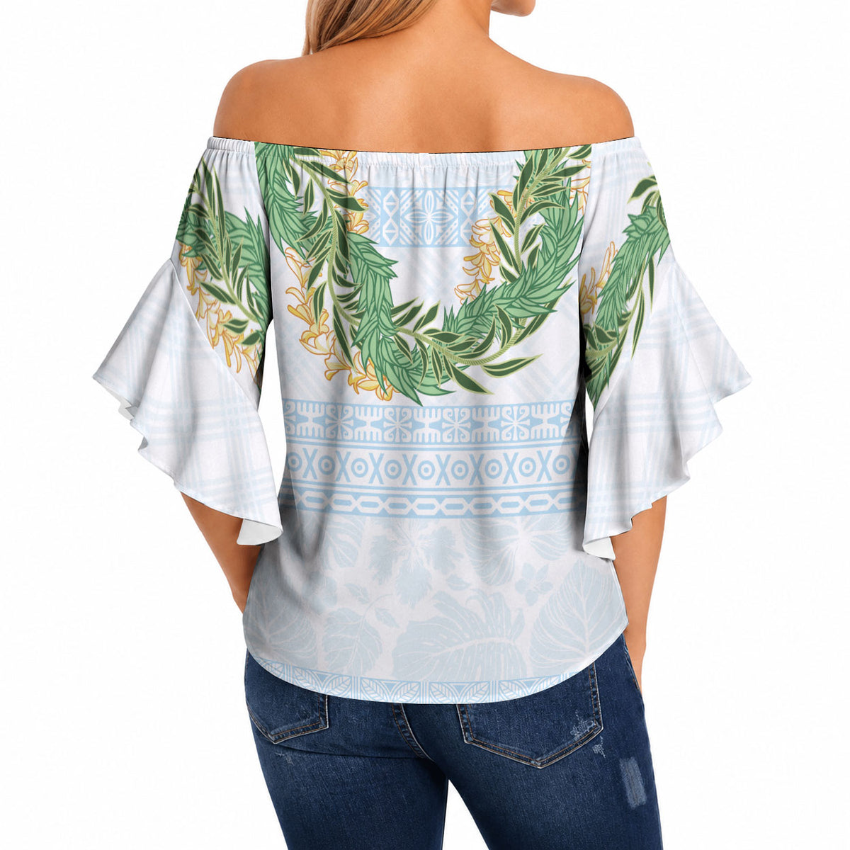 Hawai'i Paniolo Maile Twisted Lei Off Shoulder Wrap Waist Top Winter White