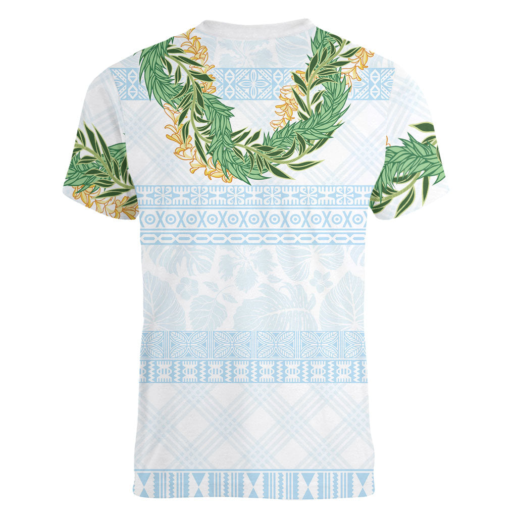 Hawai'i Paniolo Maile Twisted Lei Women V-Neck T-Shirt Winter White