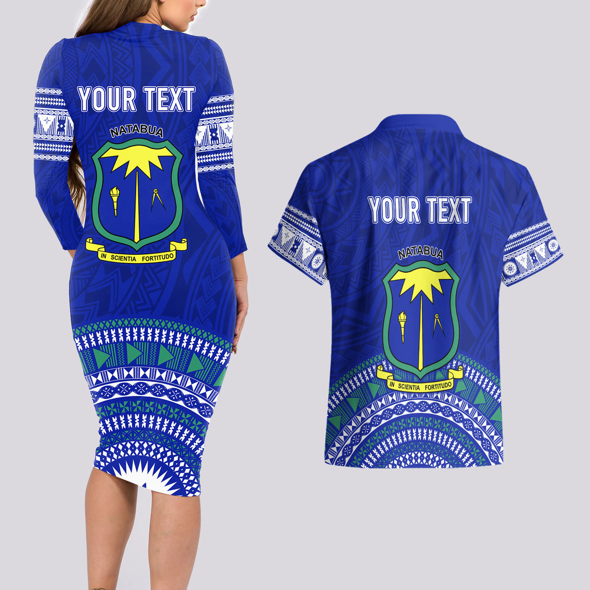 Personalised Fiji Natabua High School Couples Matching Long Sleeve Bodycon Dress and Hawaiian Shirt Kaviti Tapa Mix Colors Proud NHS LT7 - Polynesian Pride