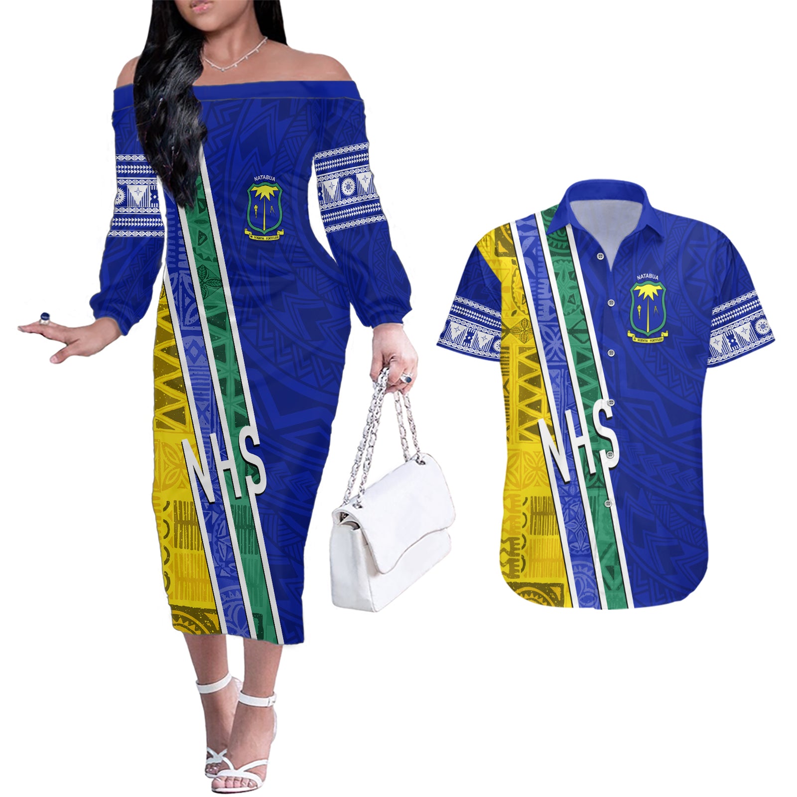 Personalised Fiji Natabua High School Couples Matching Off The Shoulder Long Sleeve Dress and Hawaiian Shirt Kaviti Tapa Mix Colors Proud NHS LT7 Blue - Polynesian Pride