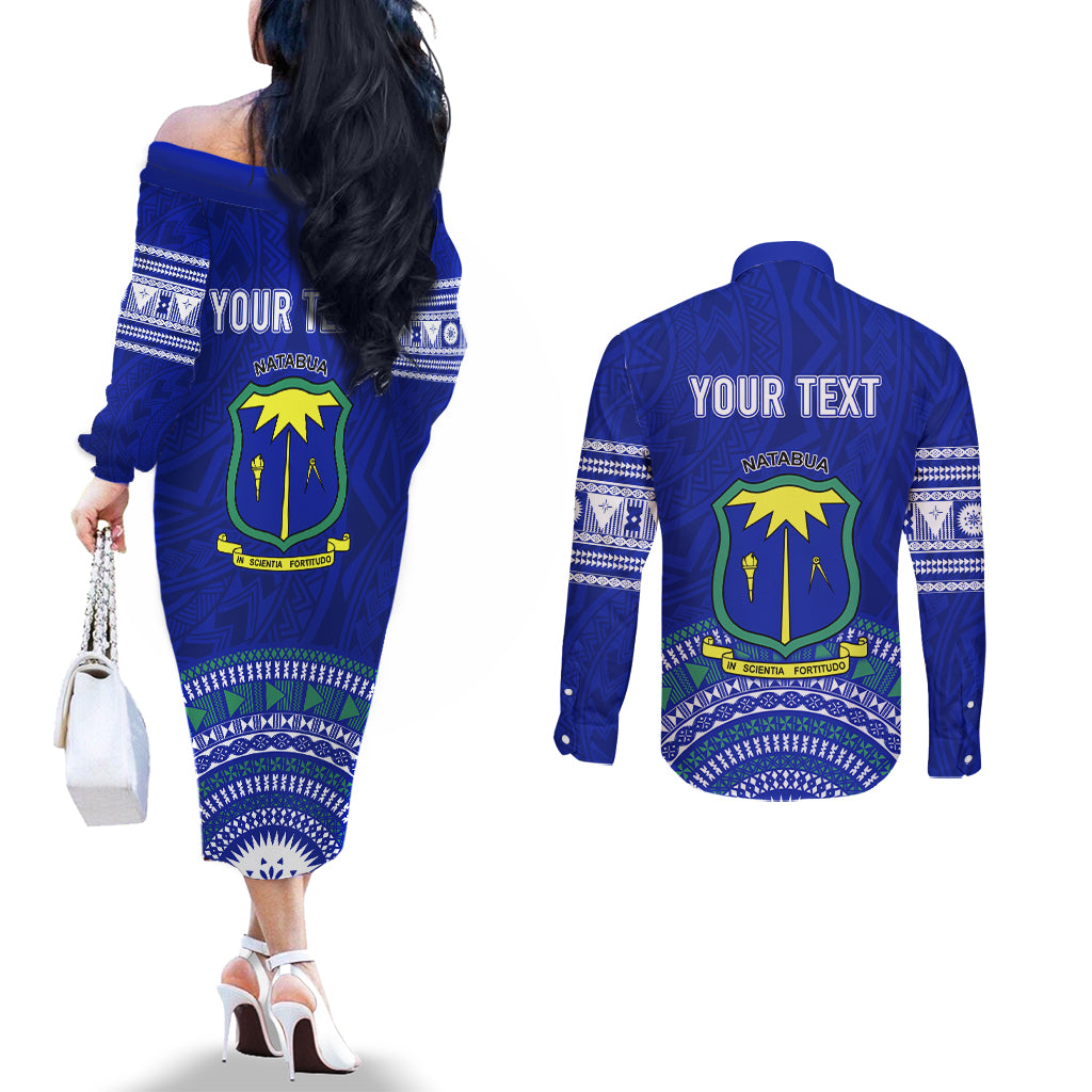 Personalised Fiji Natabua High School Couples Matching Off The Shoulder Long Sleeve Dress and Long Sleeve Button Shirts Kaviti Tapa Mix Colors Proud NHS LT7 - Polynesian Pride