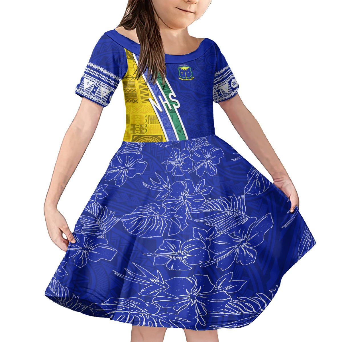 Personalised Fiji Natabua High School Kid Short Sleeve Dress Kaviti Tapa Mix Colors Proud NHS LT7 KID Blue - Polynesian Pride