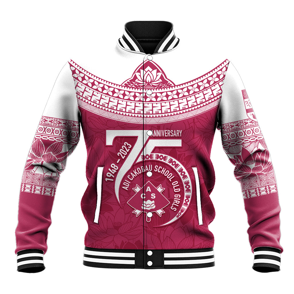Personalised Fiji Adi Cakobau School Baseball Jacket ACS Old Girls Lotus Mix Masi LT7 Unisex Crimson - Polynesian Pride