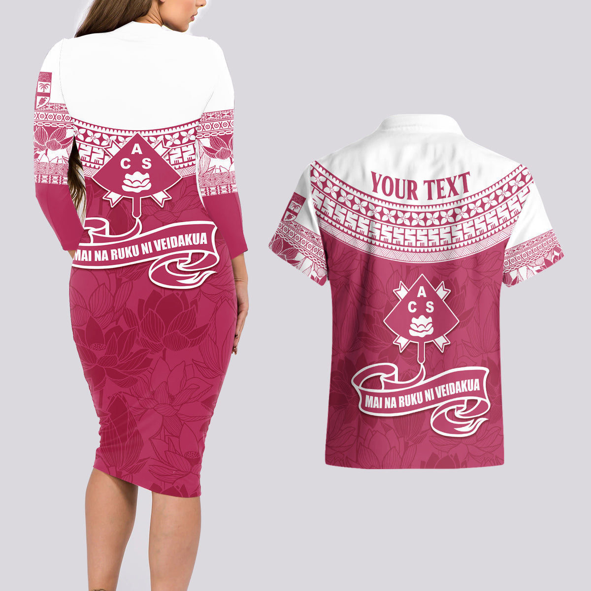 Personalised Fiji Adi Cakobau School Couples Matching Long Sleeve Bodycon Dress and Hawaiian Shirt ACS Old Girls Lotus Mix Masi LT7 - Polynesian Pride