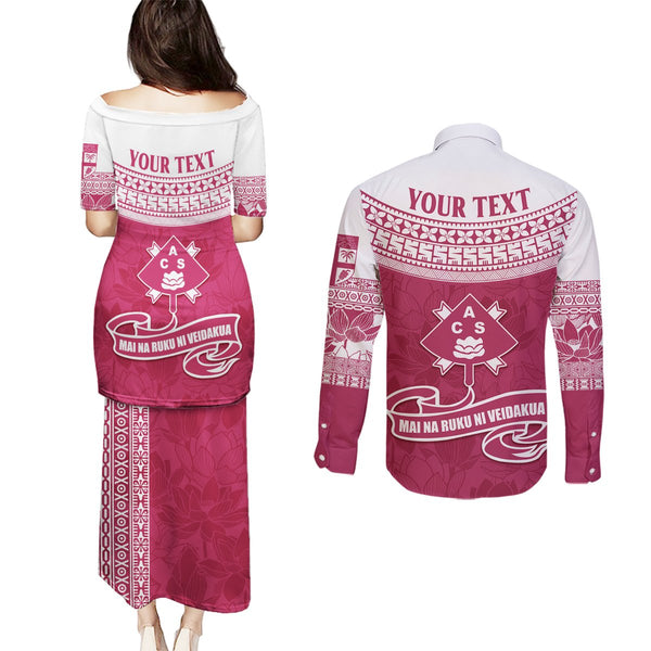 Vanuatu Tafea Province Couples Matching Puletasi Dress and Long Sleeve Button Shirts Coat Of Arms And Namele Fern Polynesian Pattern LT05