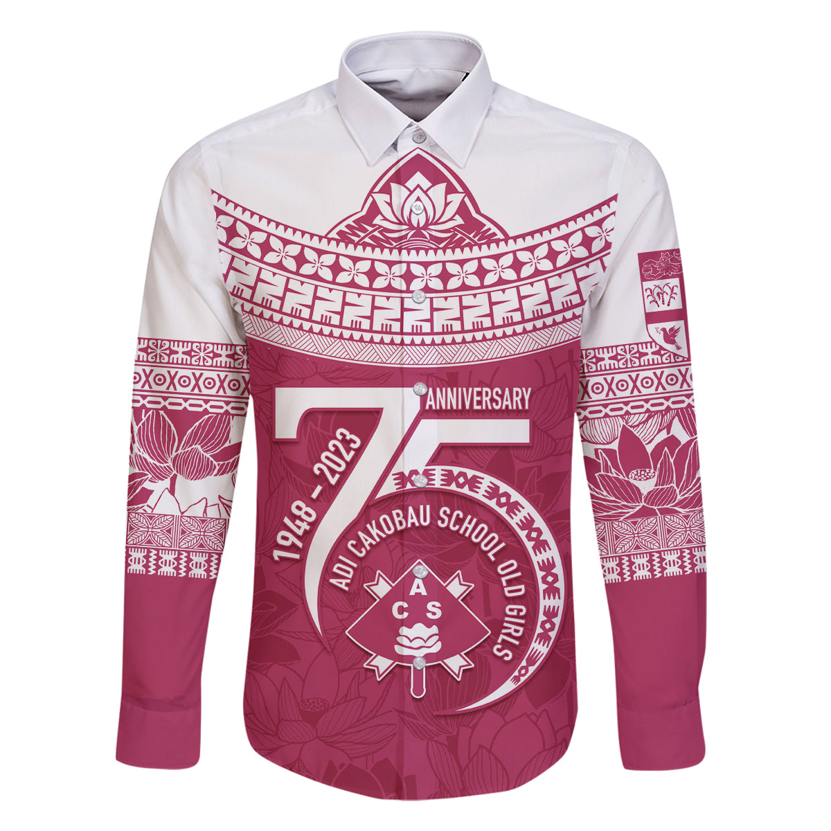 Personalised Fiji Adi Cakobau School Family Matching Off Shoulder Short Dress and Hawaiian Shirt ACS Old Girls Lotus Mix Masi LT7 Dad's Shirt - Long Sleeve Crimson - Polynesian Pride