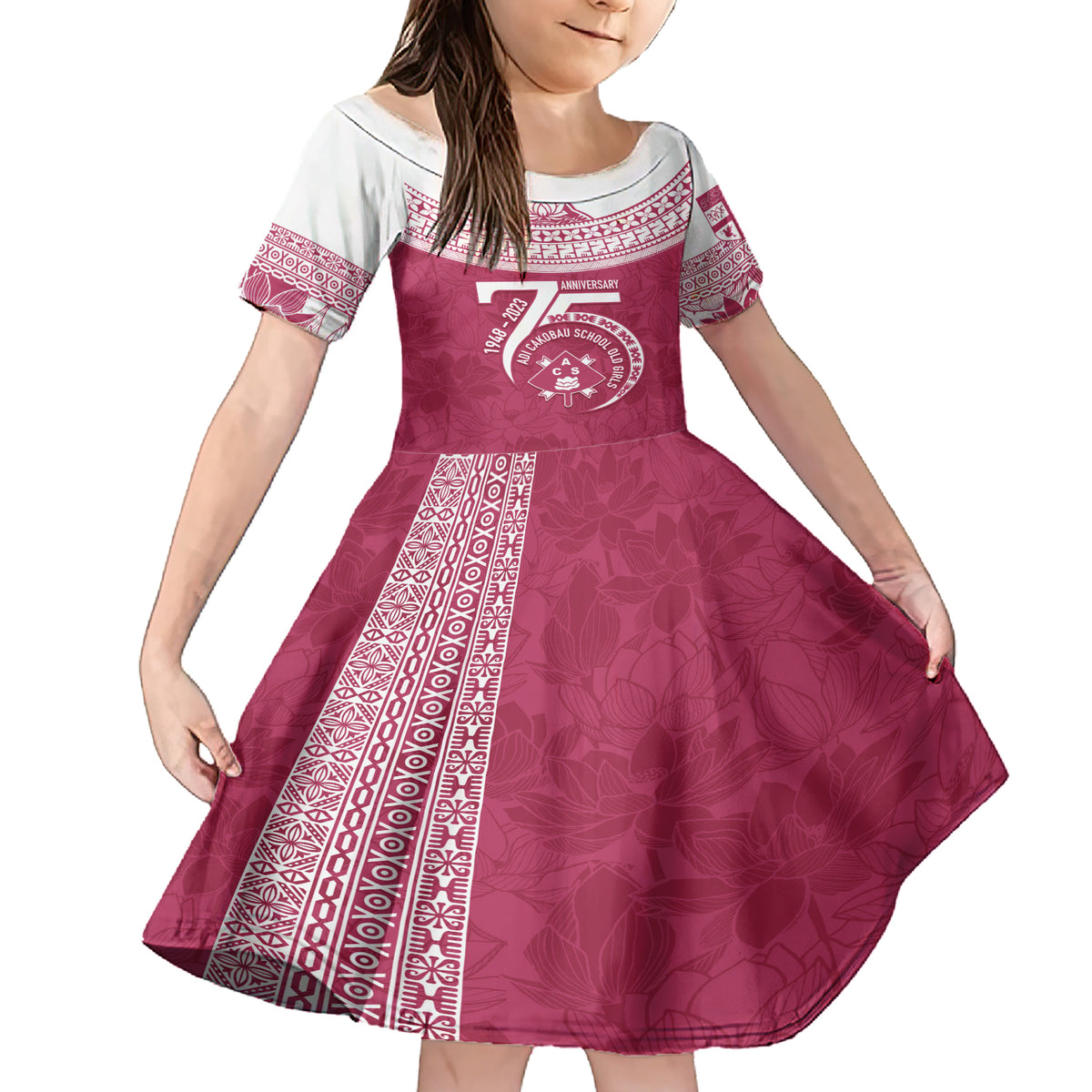 Personalised Fiji Adi Cakobau School Family Matching Short Sleeve Bodycon Dress and Hawaiian Shirt ACS Old Girls Lotus Mix Masi LT7 Daughter's Dress Crimson - Polynesian Pride