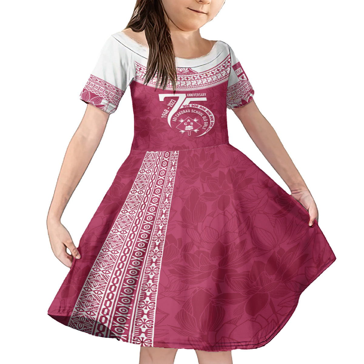 Personalised Fiji Adi Cakobau School Family Matching Summer Maxi Dress and Hawaiian Shirt ACS Old Girls Lotus Mix Masi LT7 Daughter's Dress Crimson - Polynesian Pride