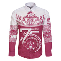 Personalised Fiji Adi Cakobau School Family Matching Tank Maxi Dress and Hawaiian Shirt ACS Old Girls Lotus Mix Masi LT7 Dad's Shirt - Long Sleeve Crimson - Polynesian Pride