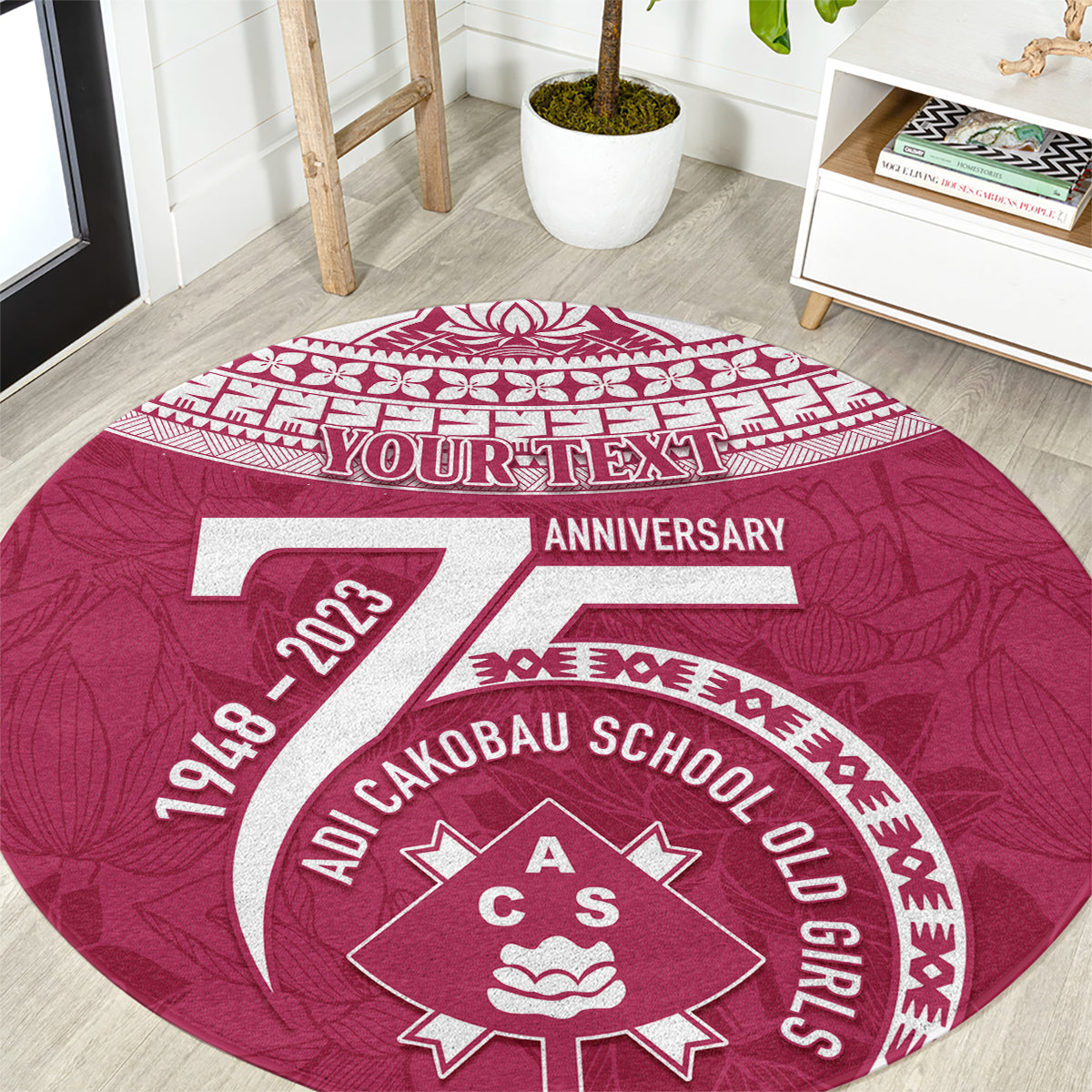 Personalised Fiji Adi Cakobau School Round Carpet ACS Old Girls Lotus Mix Masi LT7 Crimson - Polynesian Pride