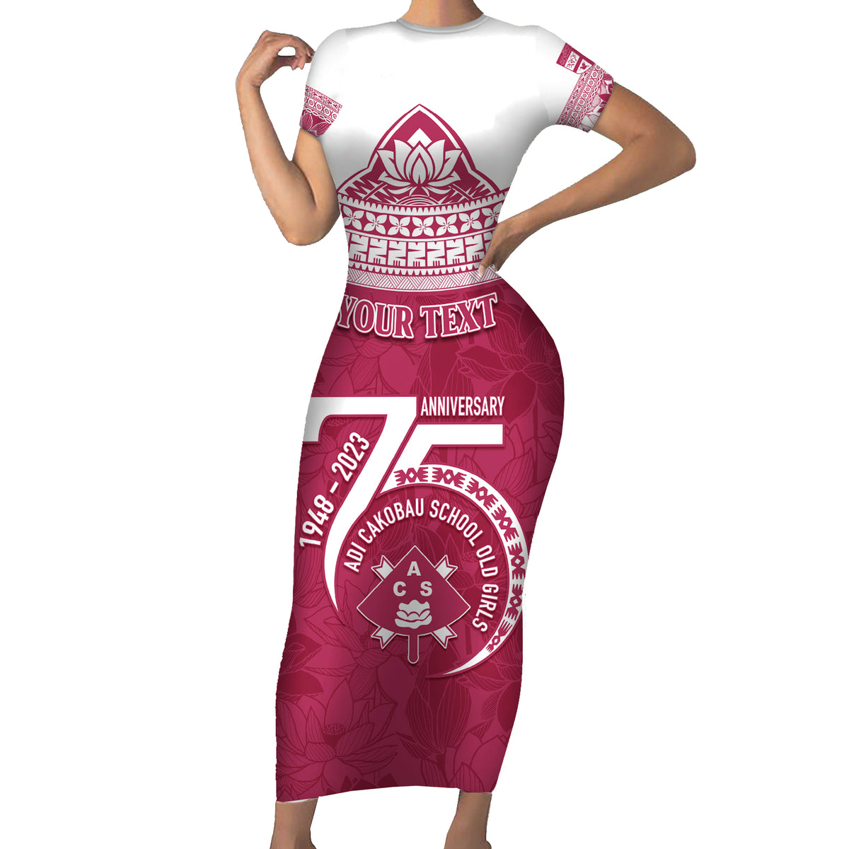 Personalised Fiji Adi Cakobau School Short Sleeve Bodycon Dress ACS Old Girls Lotus Mix Masi LT7 Long Dress Crimson - Polynesian Pride